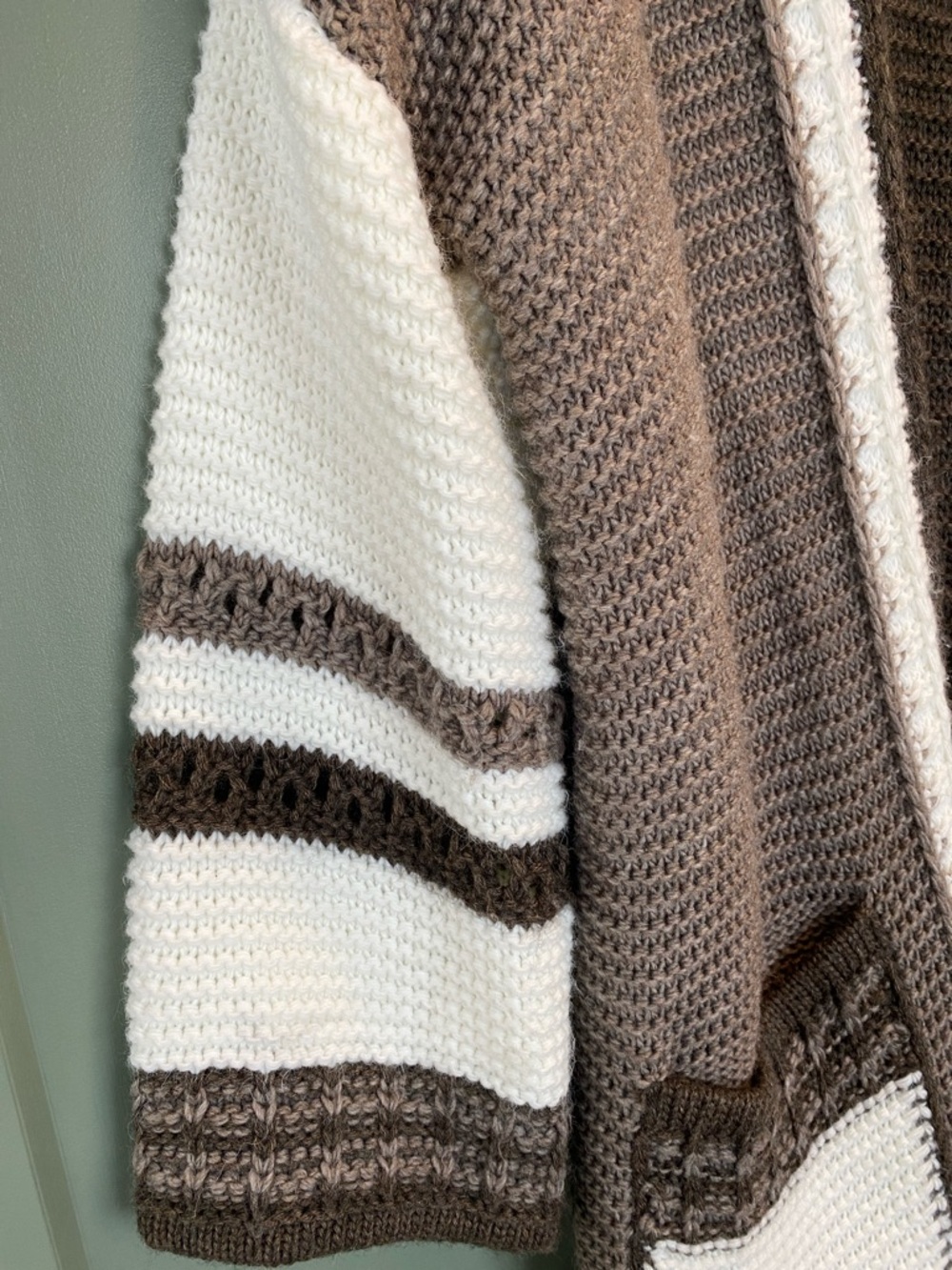 Brown and Cream Open-Front Knit Cardigan Sweater - Picture 5 of 5